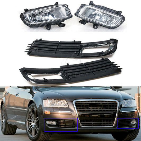 4PCS Front Bumper Grille Covers + Fog Lights for Audi for A8 QUATTRO for A8 D3 2008-2010