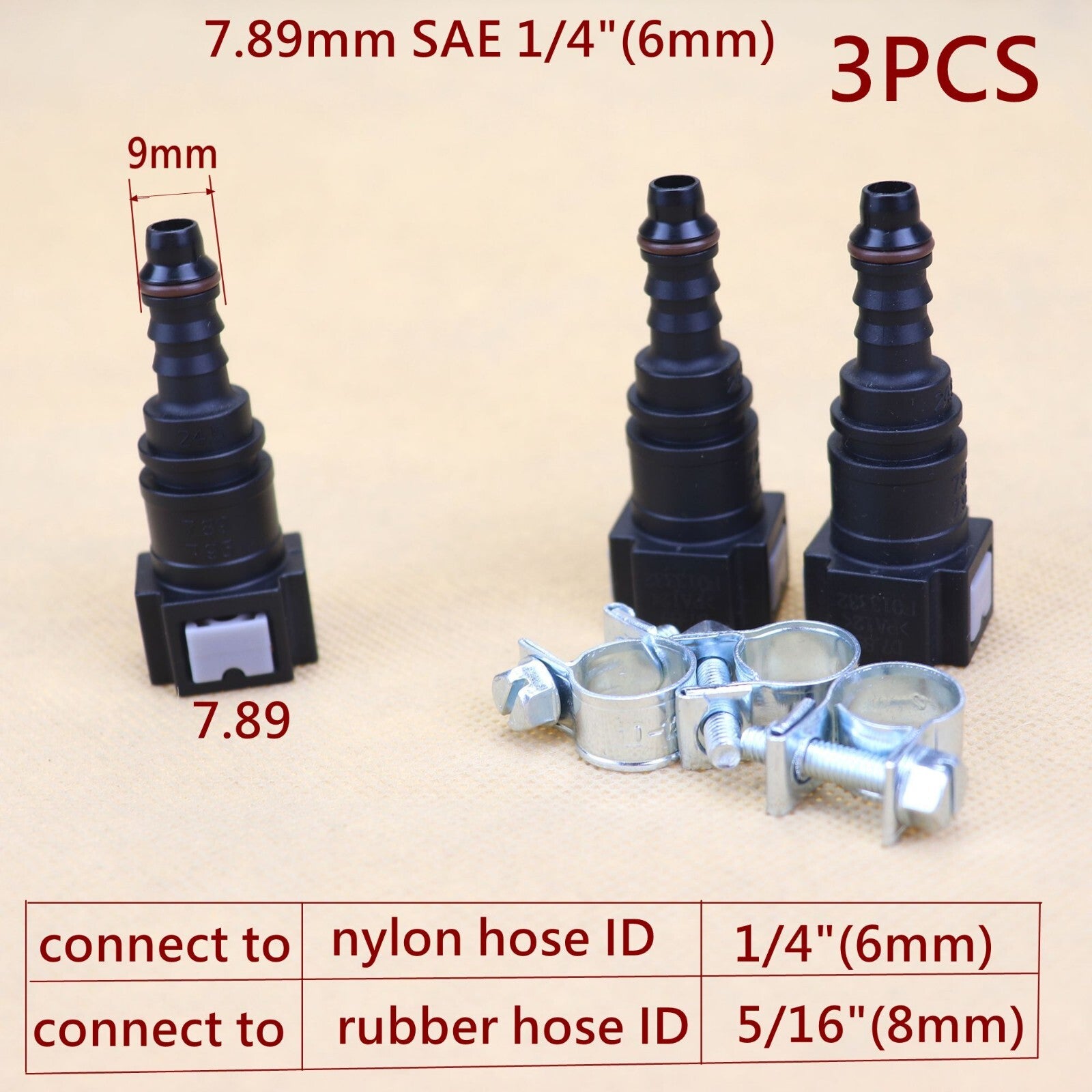 3-Piece Pack of 7.89mm SAE 1/4-inch Nylon Fuel Line Quick Connectors for Releasing and Disconnecting Hose