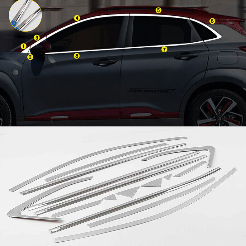 16x for Hyundai Kona 2018-23 Chrome Steel Full Window Sill Trim Cover Strip Kit