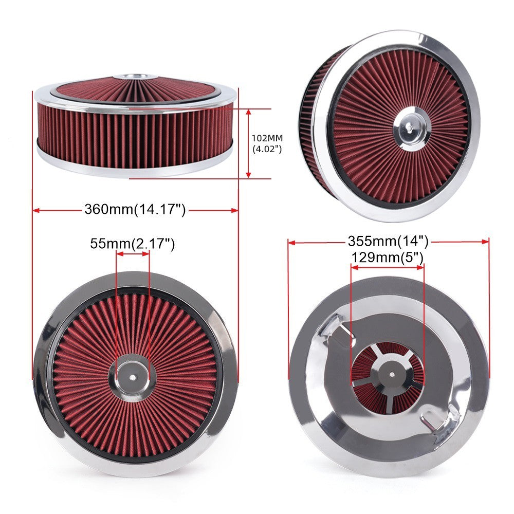 14 X 4 Round Red Thru High Flow Washable Air Cleaner w/ Chrome Lid For SBC BBC Q