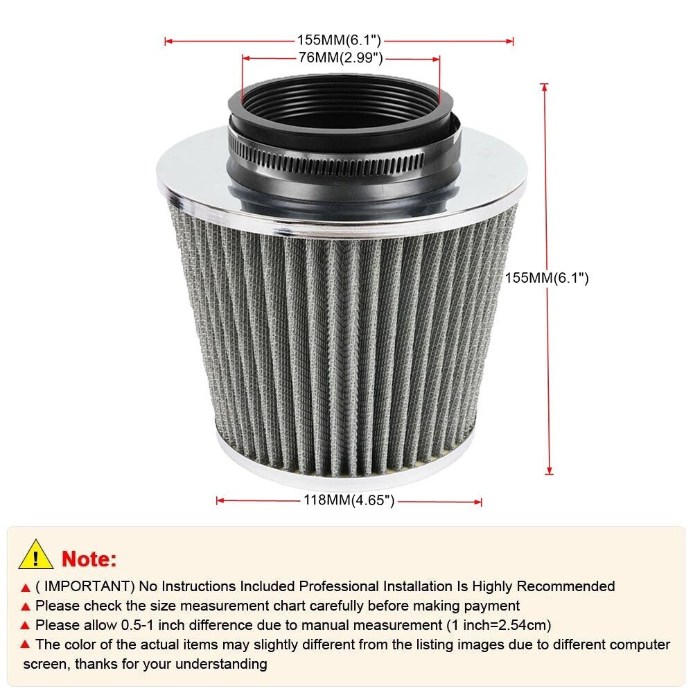 Gray 3 76mm High Flow Inlet Cold Air Intake Cone Replacement Dry Air Filter