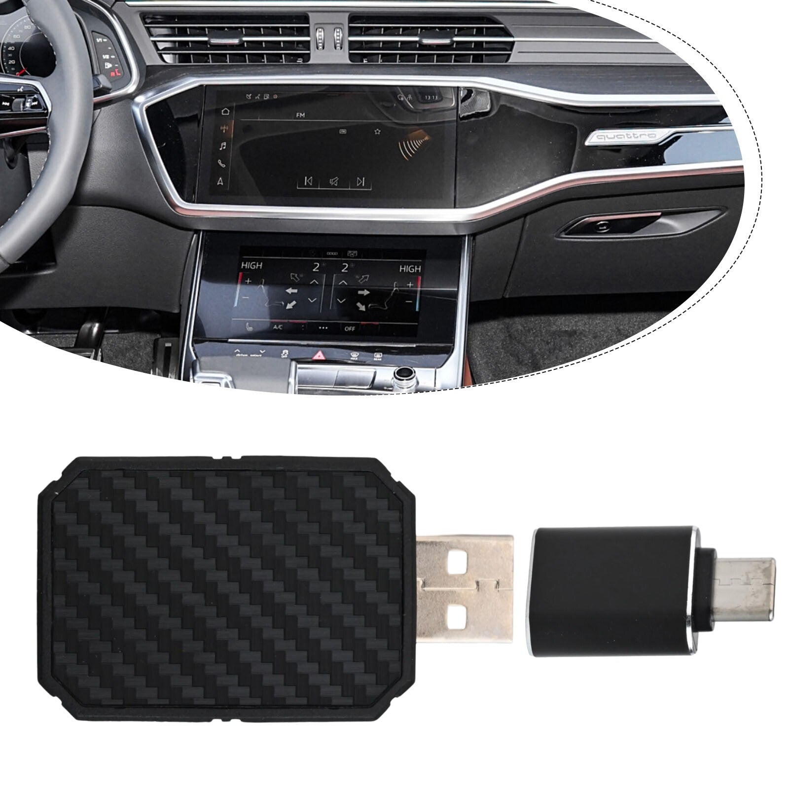 Compact design for Android Auto and CarPlay wireless adapter with USB A and C ports.