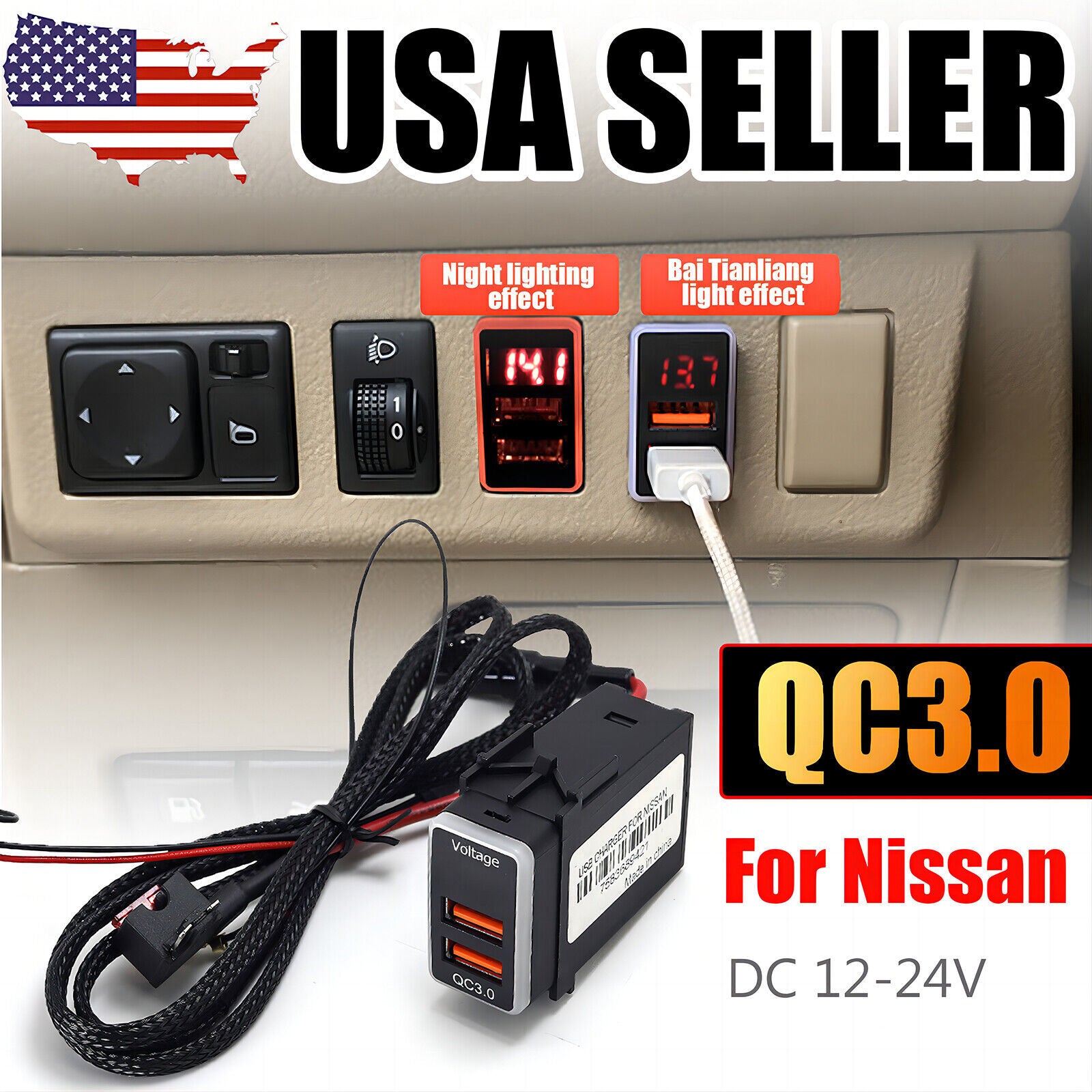 for Nissan 2 Dual USB Ports QC3.0 Fast Phone QuickCharger LED Digital Voltmeter