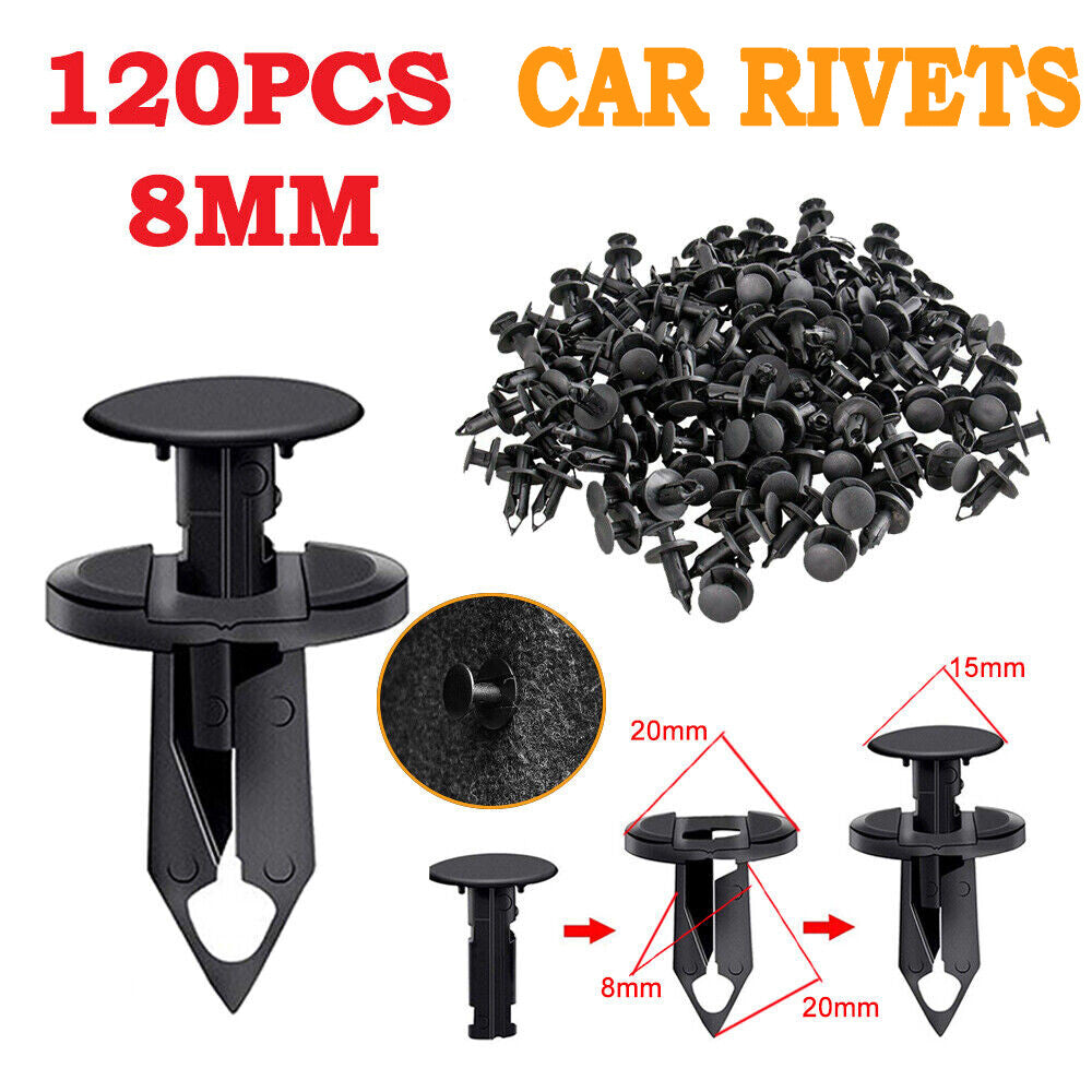 120PCS 8mm Bumper Clips Retainer Auto Car Plastic Rivets Fastener Fender Push