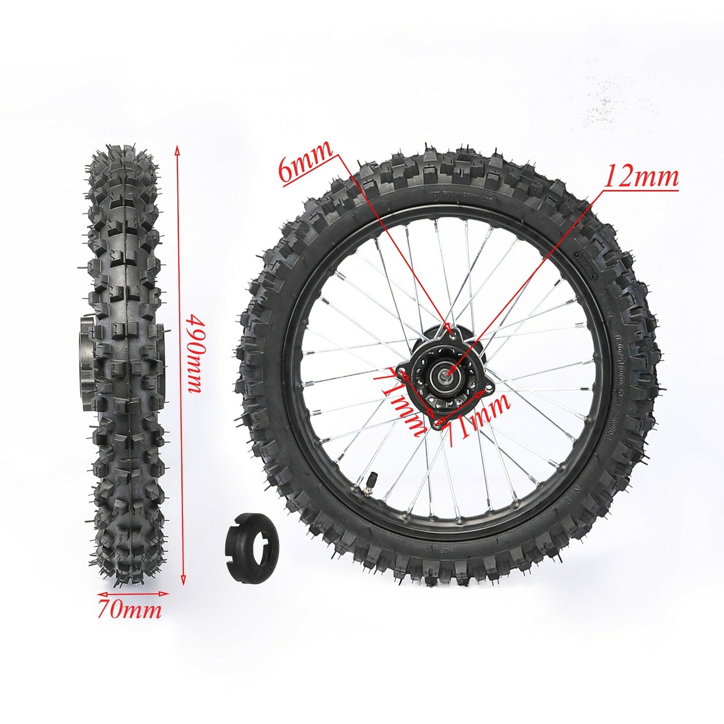 14-inch front wheel, 60/100-14 tire, rim, brake assembly, fork end, dirt pit, bicycle