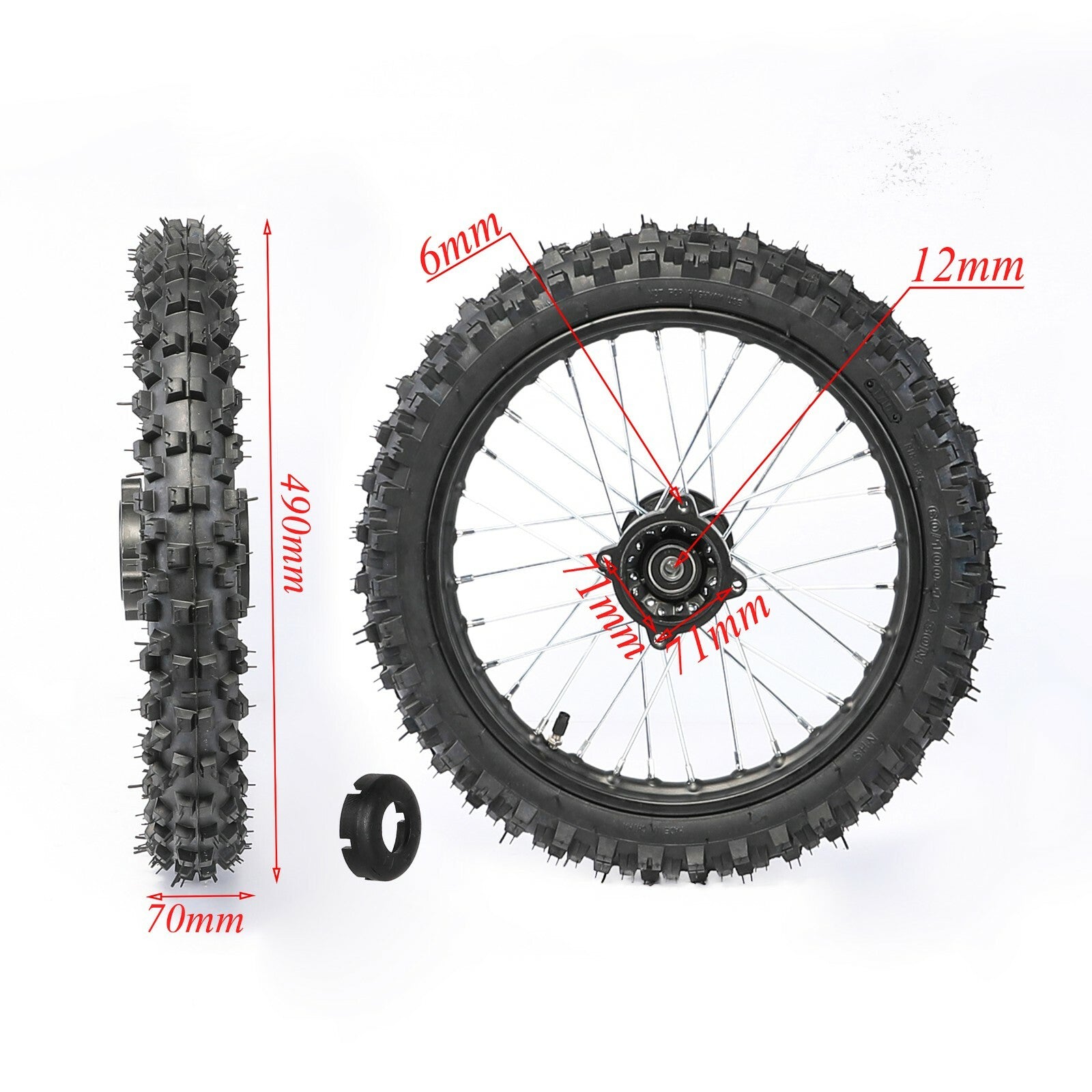 14-inch front wheel, 60/100-14 tire, rim, brake assembly, fork end, dirt pit, bicycle