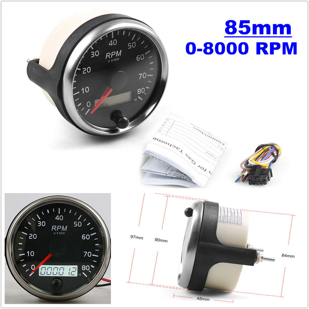 85mm 12V/24V 0-8000rpm Tachometer Gauge Kit with Digital LCD Hour Meter - n