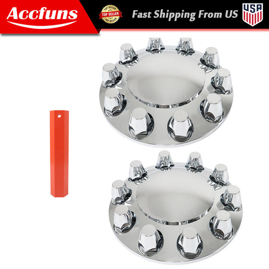 Chrome front axle wheel cover with hub cap and 33mm lug nuts for semi-truck 2-piece set. n