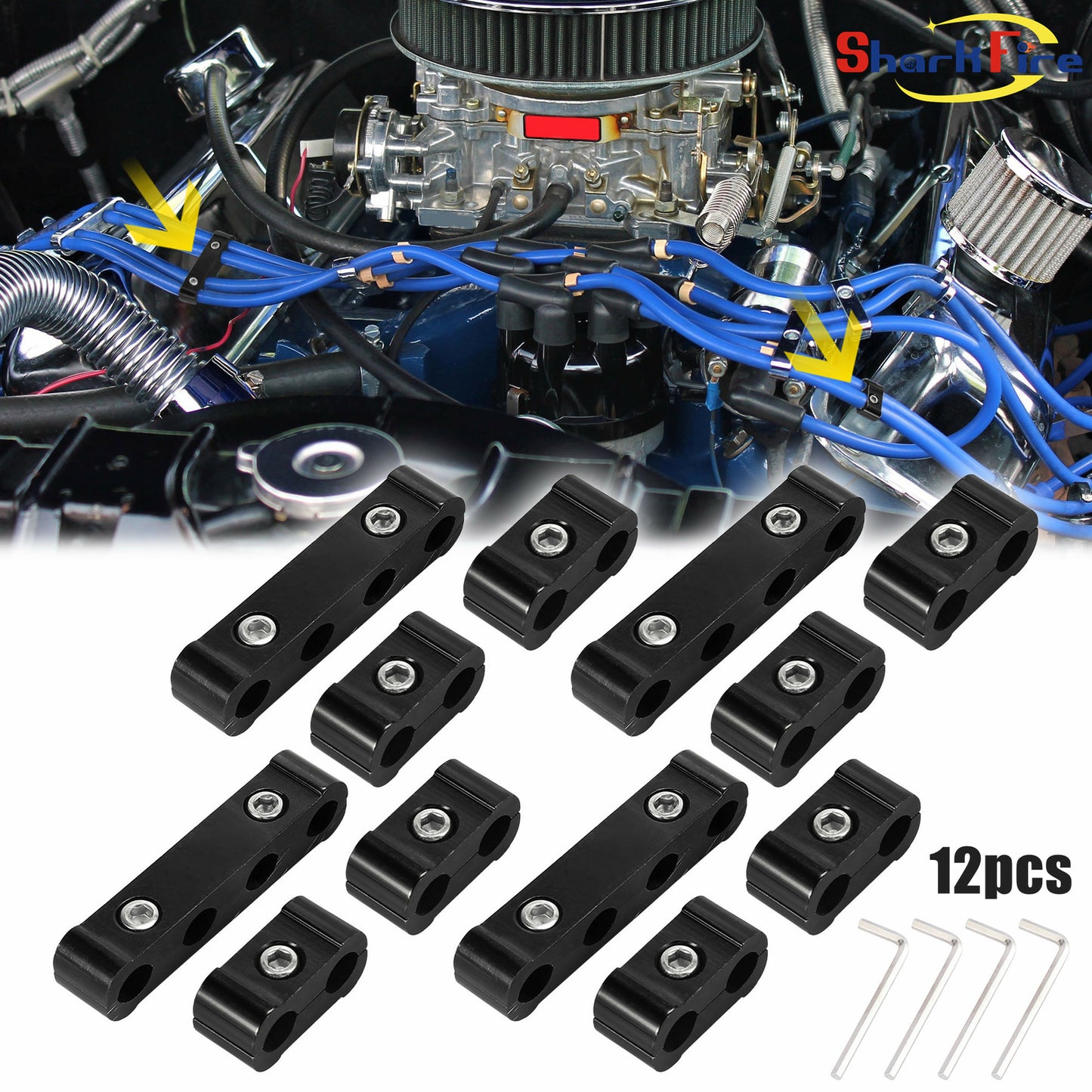 12-Piece Spark Plug Wire Separator Clips (8mm, 9mm, 10mm) for Racing - Black