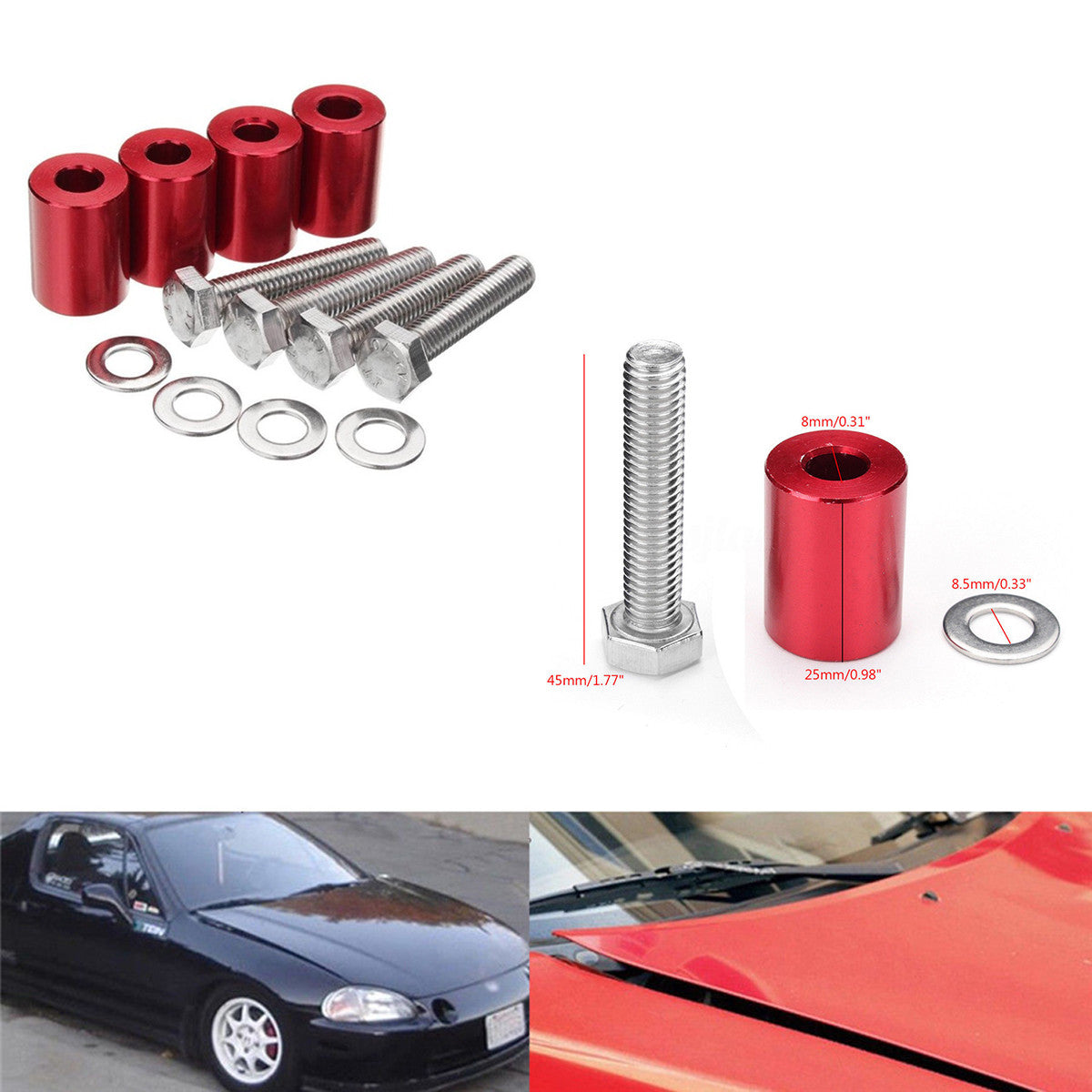 4 Pcs Hood Risers Red Aluminum Hood Vent Spacers Kit for 8mm Bolt Turbo Engine Q