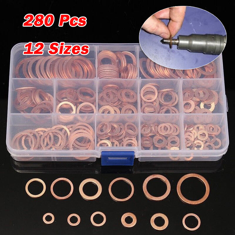 280¡Á12 Sizes Solid Copper Crush Washers Assorted Seal Flat Ring Hardware kit v