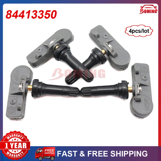 4-pack of new tire pressure monitoring sensors, model 84413350, suitable for Buick , for Cadillac , for Chevrolet , and for GMC .