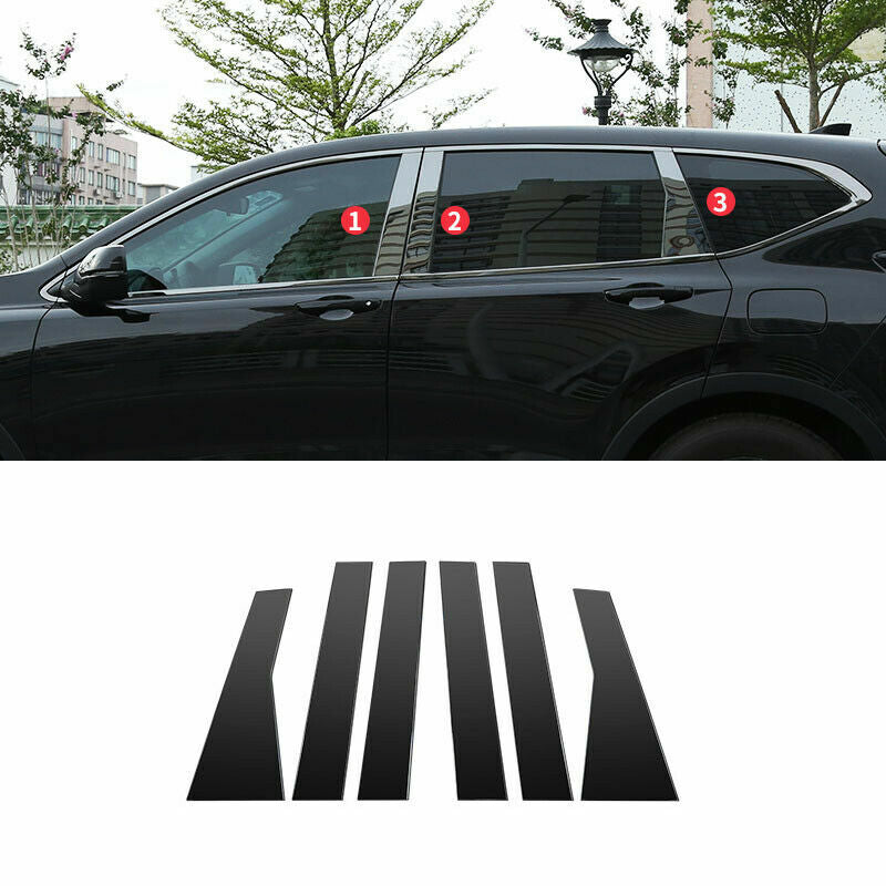 6X for Honda CR-V CRV 2017-2022 Glossy Black Pillar Post Trim Door Cover S.Steel