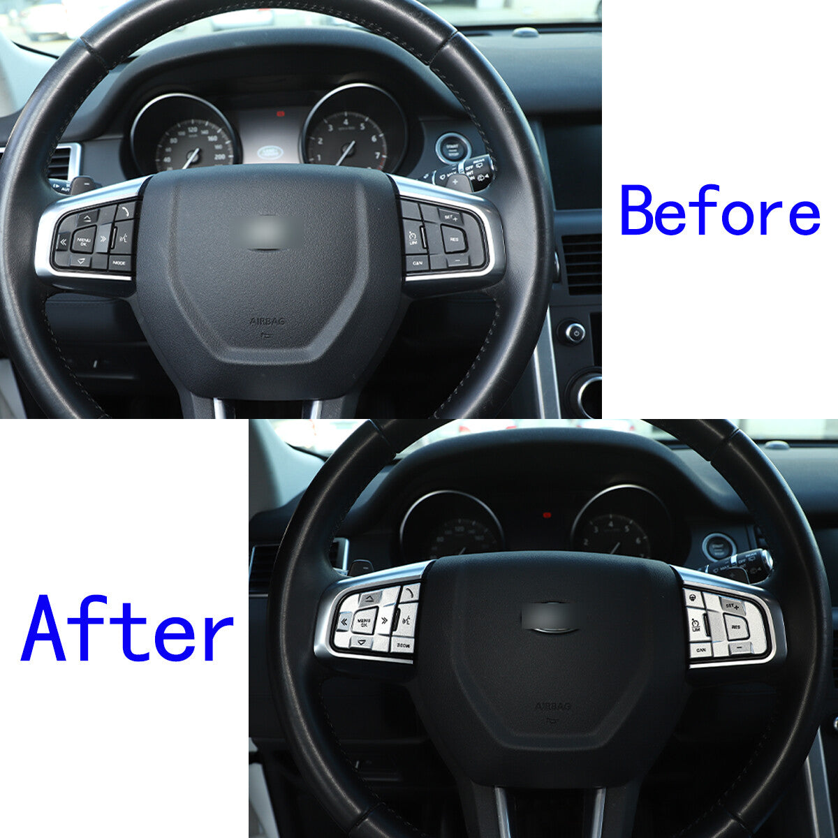 Steering wheel button cover trim in silver aluminum alloy for Discovery Sport L550 15-19 models. n