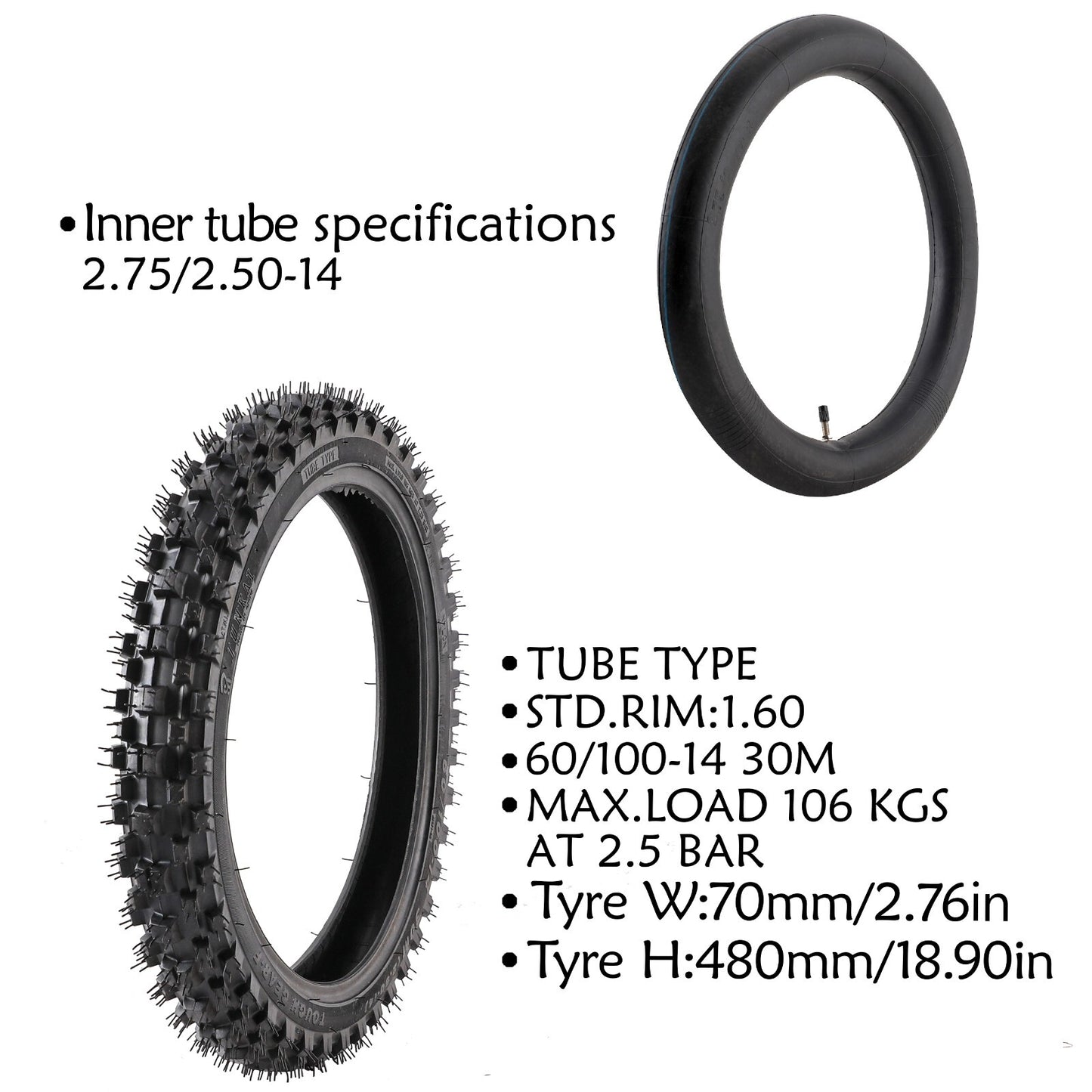 Front 60/100-14, Rear 80/100-12 tires and inner tubes suitable for 110cc and 125cc Dirt Trail bikes.