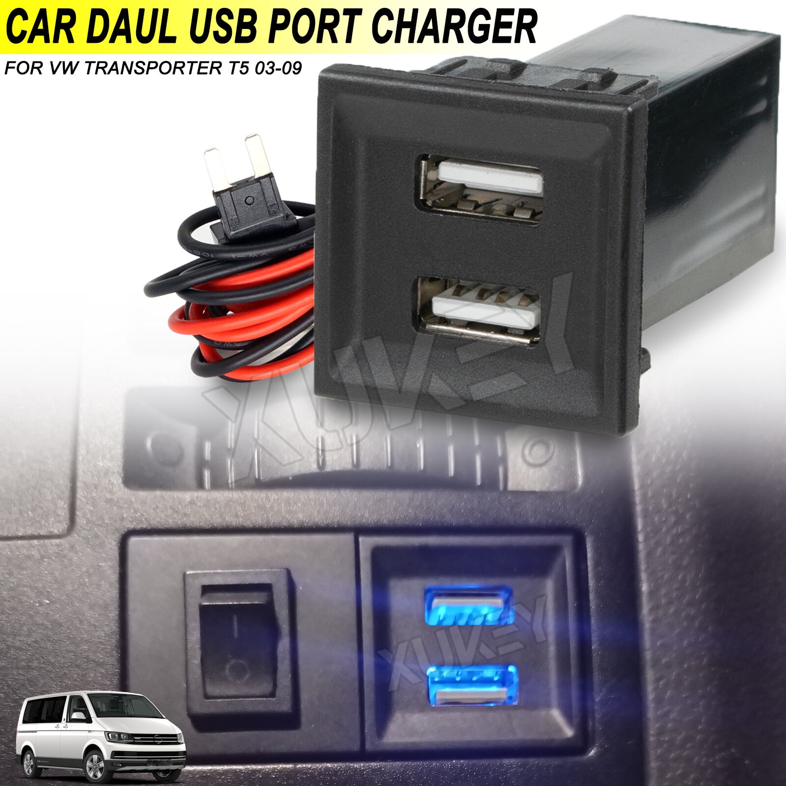 Fast Car Dual USB Charger LED Female Light Phone Outlet for VW T5 DE