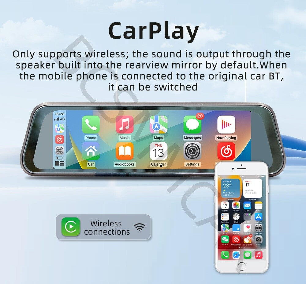 Car Mirror Dash Cam Recorder Rear View Reverse Parking System For Apple CarPlay