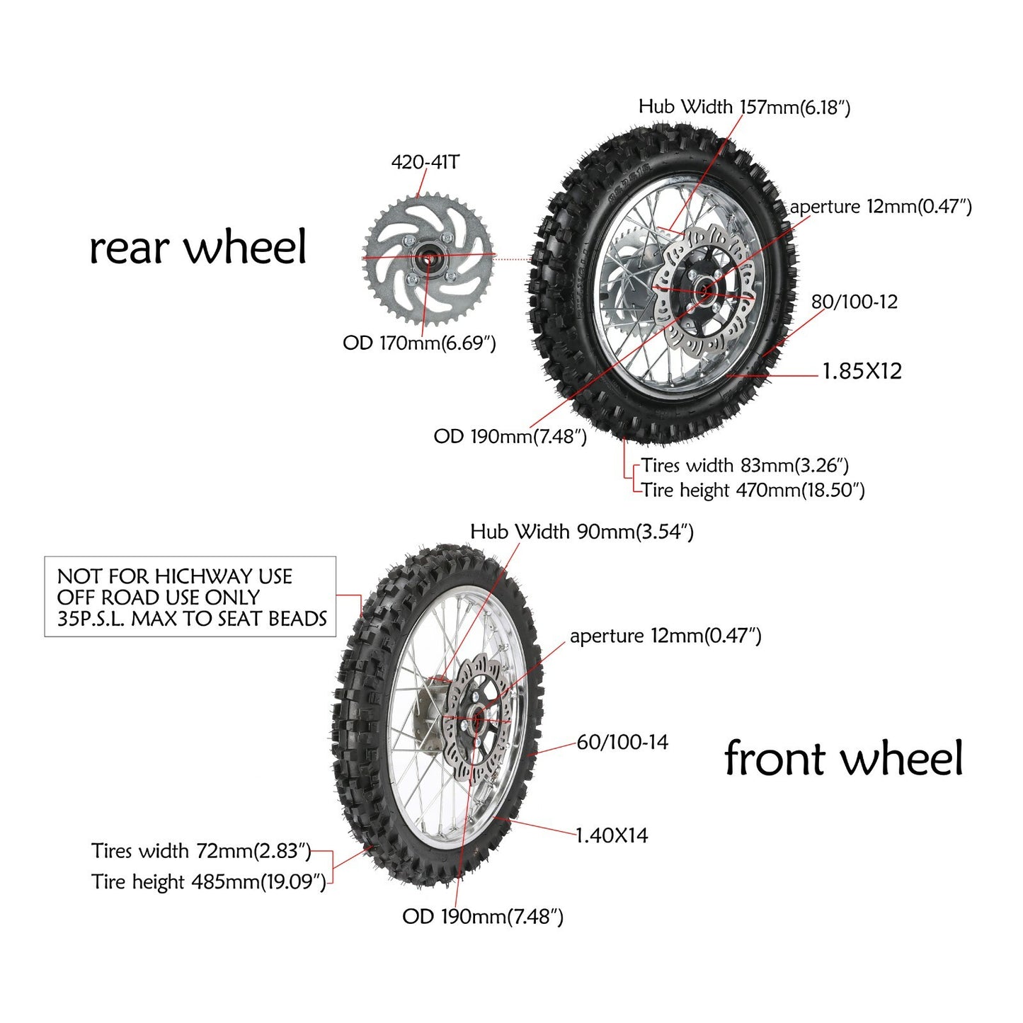 14-inch front 60/100-14 + 12-inch rear 80/100-12 tires, rims, brakes; Apollo 125cc CRF110