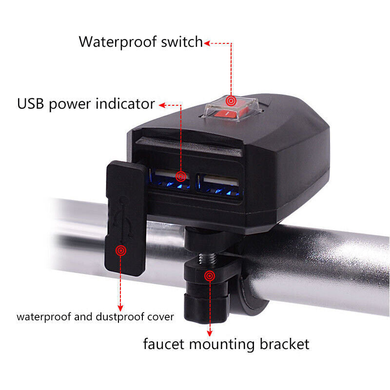 Waterproof all-terrain vehicle/motorcycle dual USB phone charger handlebar bracket with switch for convenient use. n
