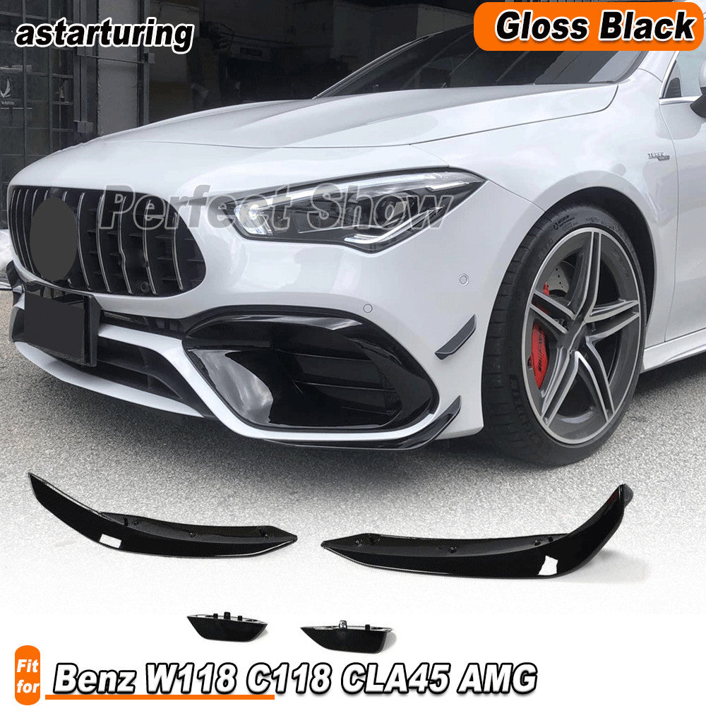 for Benz W118 C118 CLA45 20-23 Gloss Black Front Bumper Splitter Canard Fins