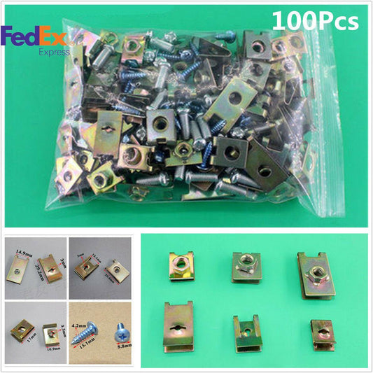 Car Body Door Panel U-Nuts Fastener Screw Gasket Fender Metal Clips Kit 100PCS