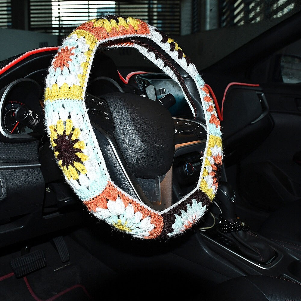 14-15in Boho Crochet Steering Wheel Cover Flower Steering Wheel Protector