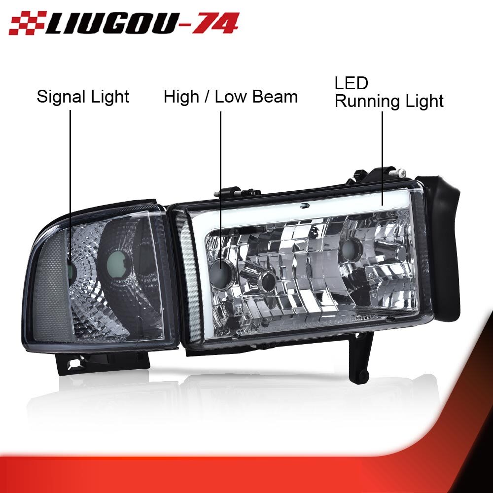 Suitable for 94-02 for Dodge for Ram 1500-3500 transparent corner LED DRL headlight smoke lens