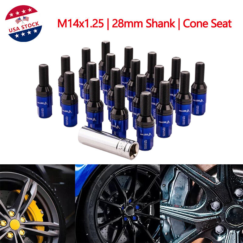 20-piece set of blue M14x1.25 wheel lug bolts, 28mm shank tapered for seat forged studs for BMW