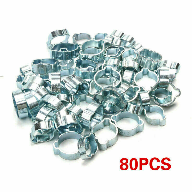 80X Double Ear Clamps O Clips-Crimp O-Clip Air Silicone Petrol Fuel Hose Pipe