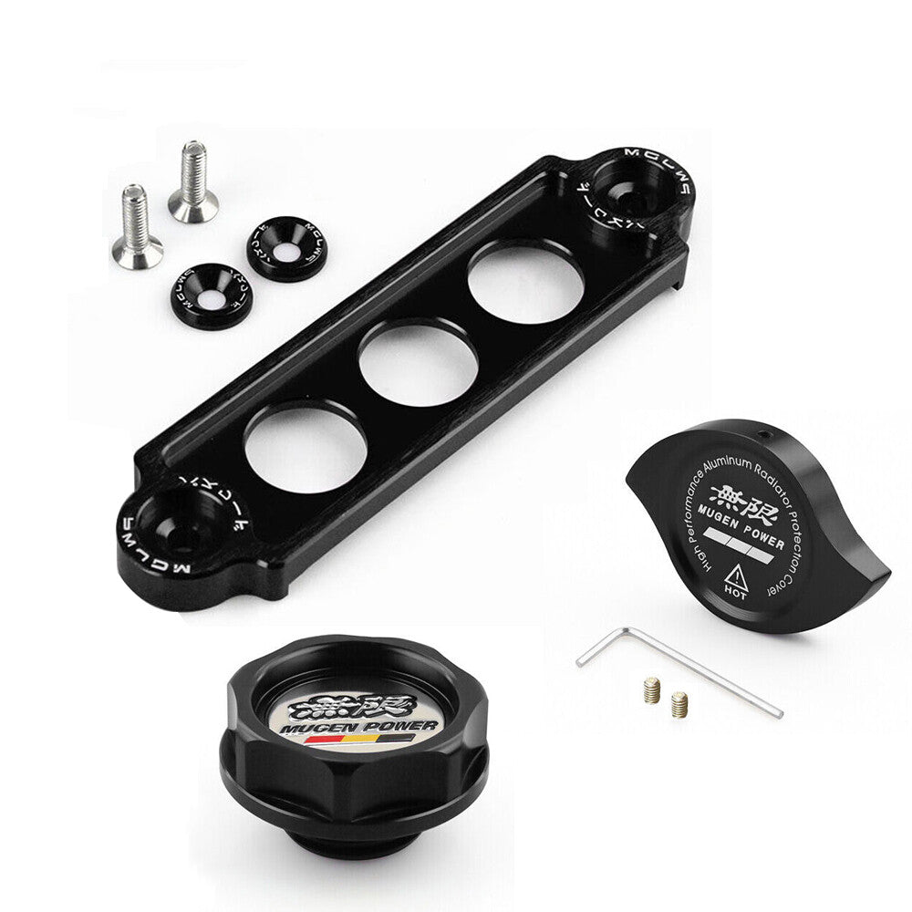 JDM Black Engine Oil Filler Cap+ Radiator Cap+ Battery Tie Down for Honda for Acura