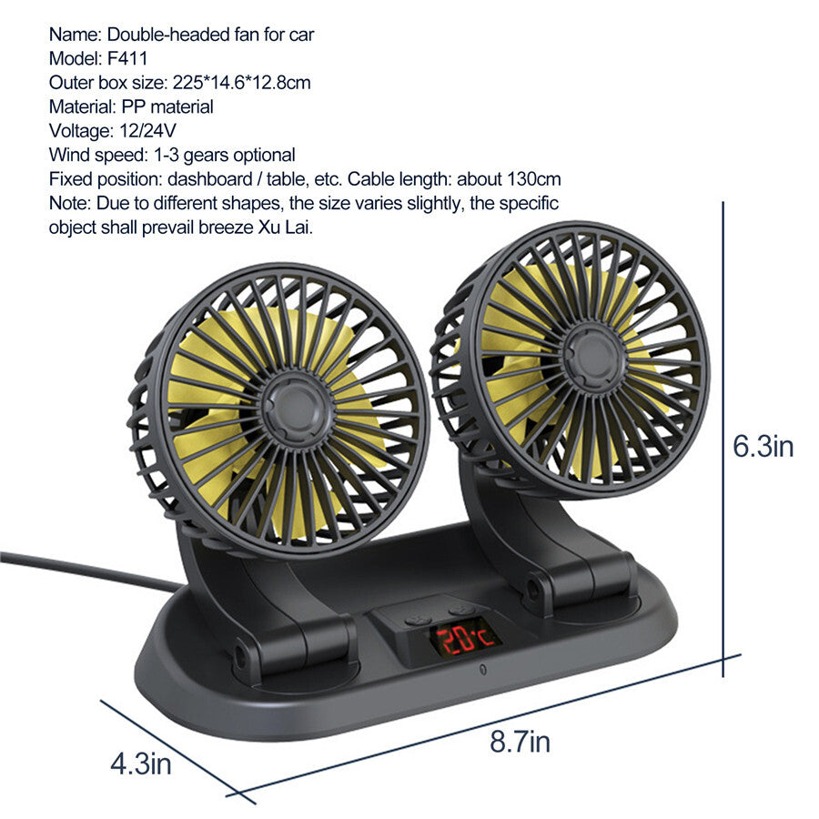 Portable Summer Car Cooling Fan Dual Head Fans 3 Speeds Adjustable For Dashboard