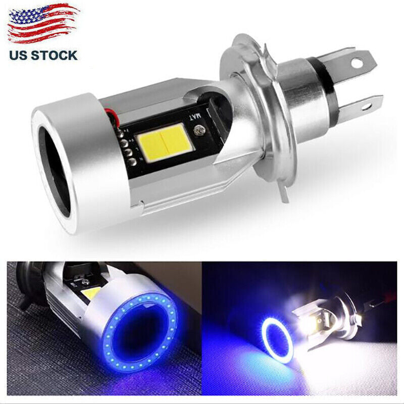 H4 9003 LED Motorcycle Headlight Bulb Kit 25W High Low Beam W/ Blue Angel Eye