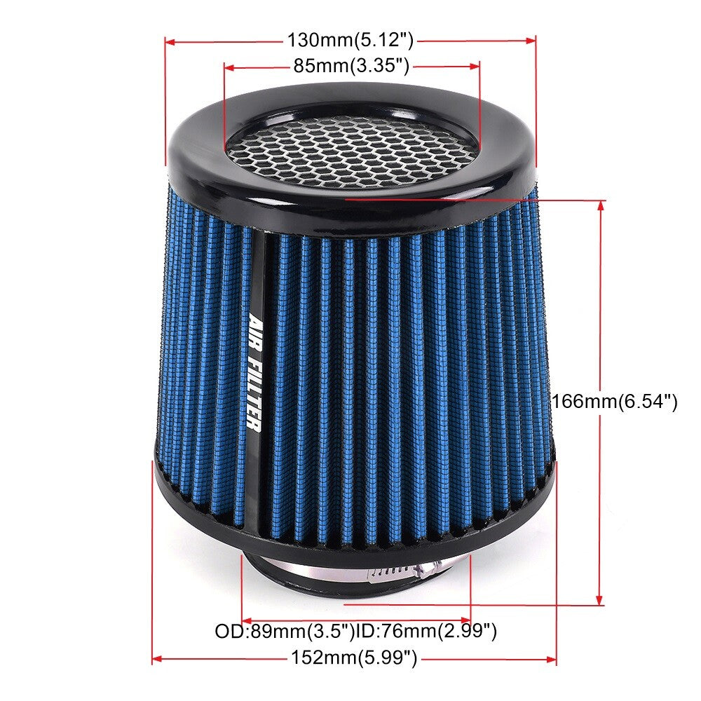 Blue 3inch 76mm High Flow Inlet Cold Air Intake Cone Replacement Dry Air Filter
