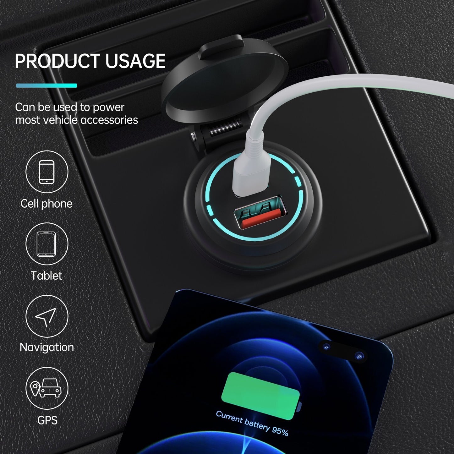 Dual USB Type C Car Charger Adapter 12V/24V Waterproof For Cell Phones Tablets