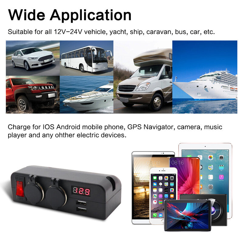 LED 12/24V Car Truck Fast Charger Socket with Dual USB Ports, Voltmeter and Rocker Switch n