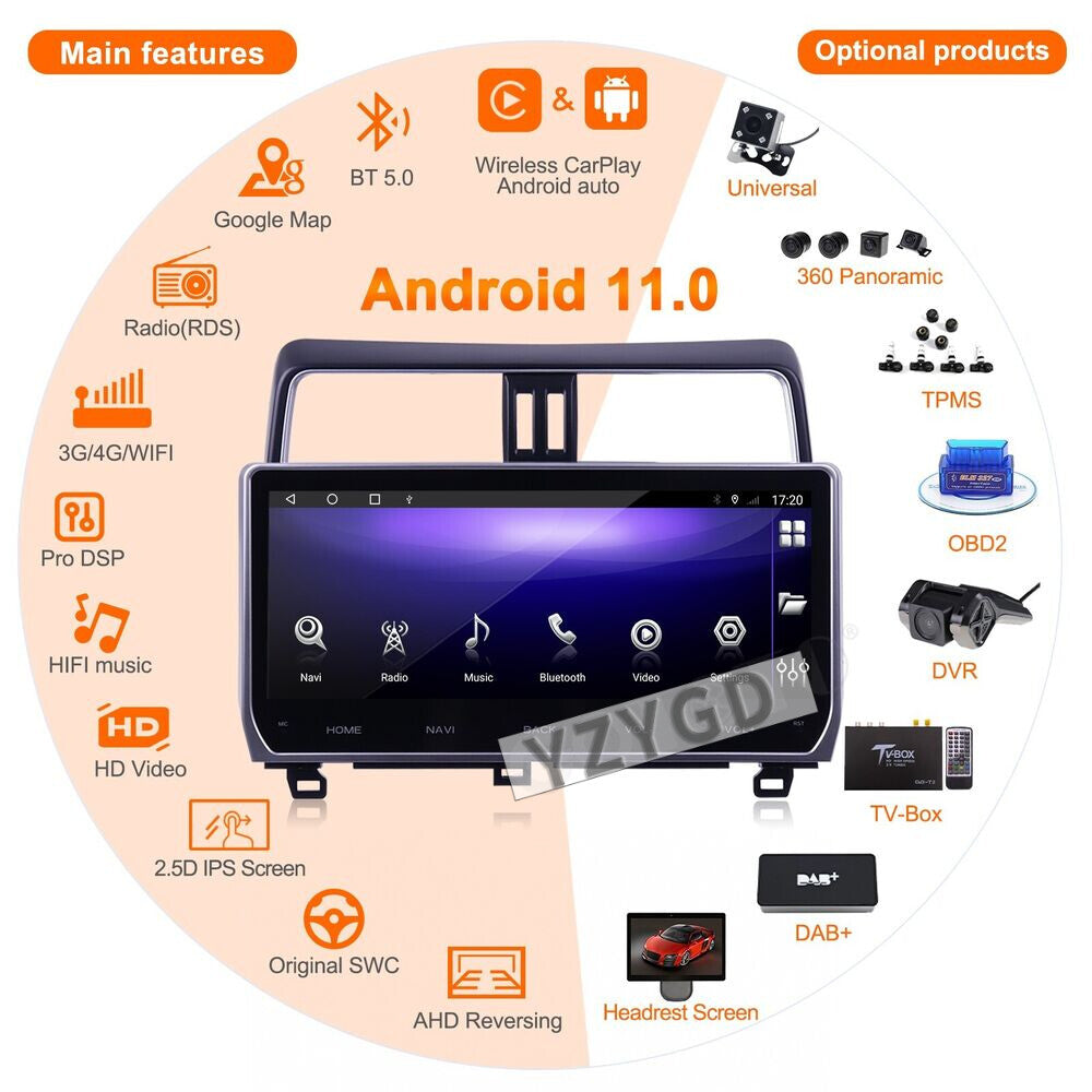 12.3''for Toyota for Land Cruiser Prado 2018+ Stereo CarPlay 2Din Car Radio Receiver