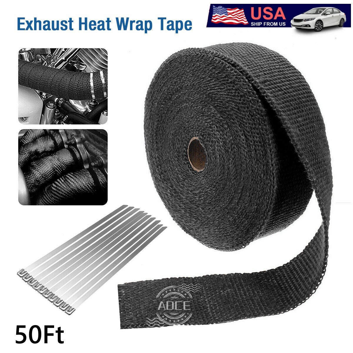 2-inch x 50-foot roll black connector turbo manifold exhaust heat-packed tape + zip tie