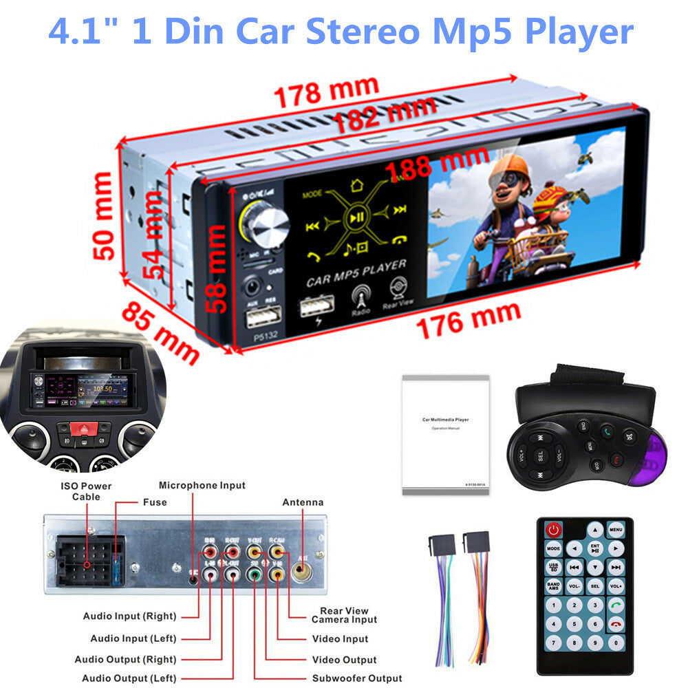 4.1 Touchscreen Single DIN Car Stereo Radio, HD MP5 Player, Bluetooth FM Radio n