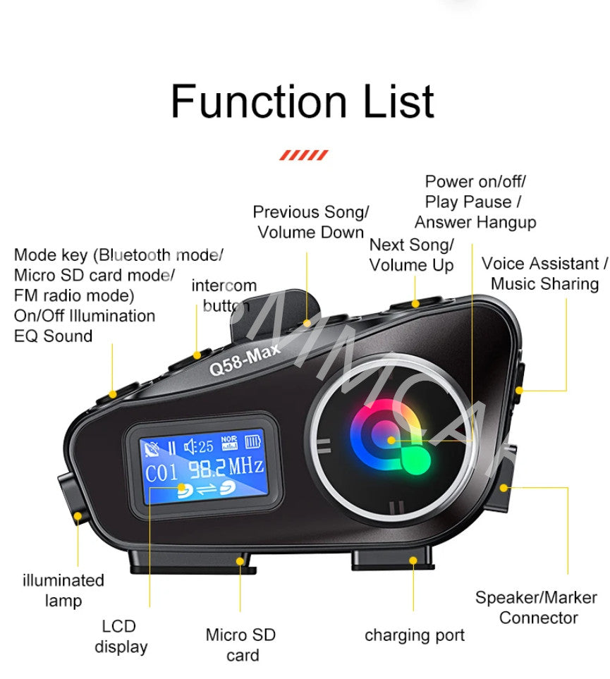 Motorcycle Helmet Bluetooth Headset Riders Music Sharing LCD Display Waterproof Q
