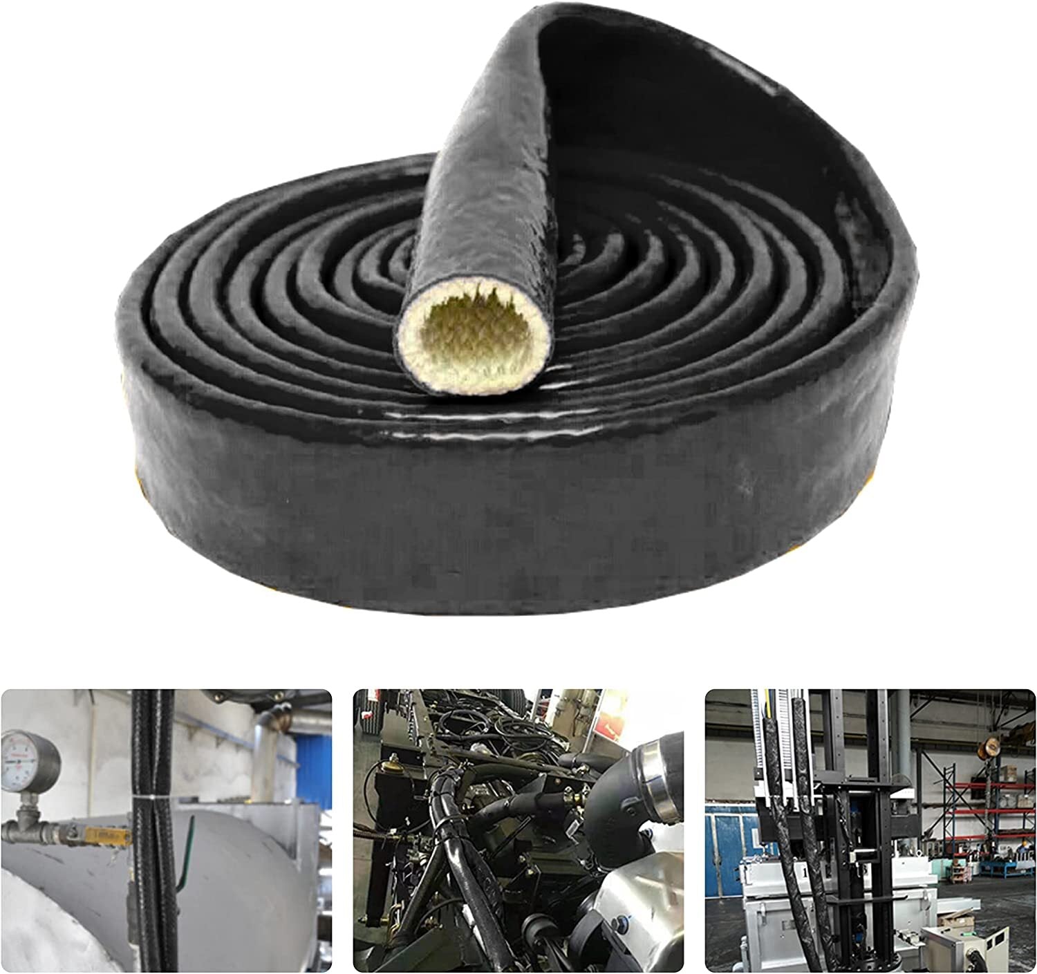1-inch ID-25mm heat shield, fire-retardant silicone rubber coated woven fiberglass, black.