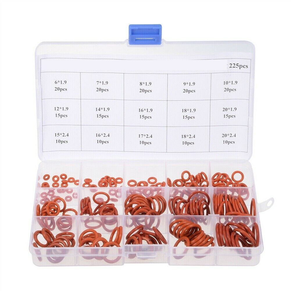 225 Pcs Silicone Rubber O-Ring Assortment Kit Metric VMQ Gasket Seal Red Q