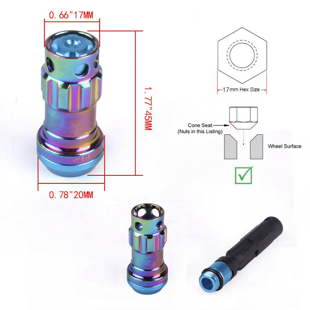 20pcs Neo Chrome M12 x 1.5 mm Composite Close End Heavy Duty Wheel Lug Nuts R40 Q