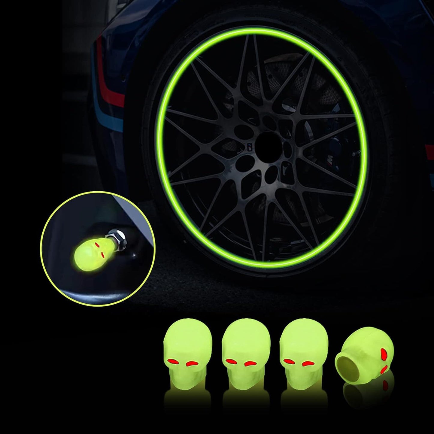 4Pcs Skull Wheel Tire Caps Air Valve Stem Cover Universal Luminous Yellow Q