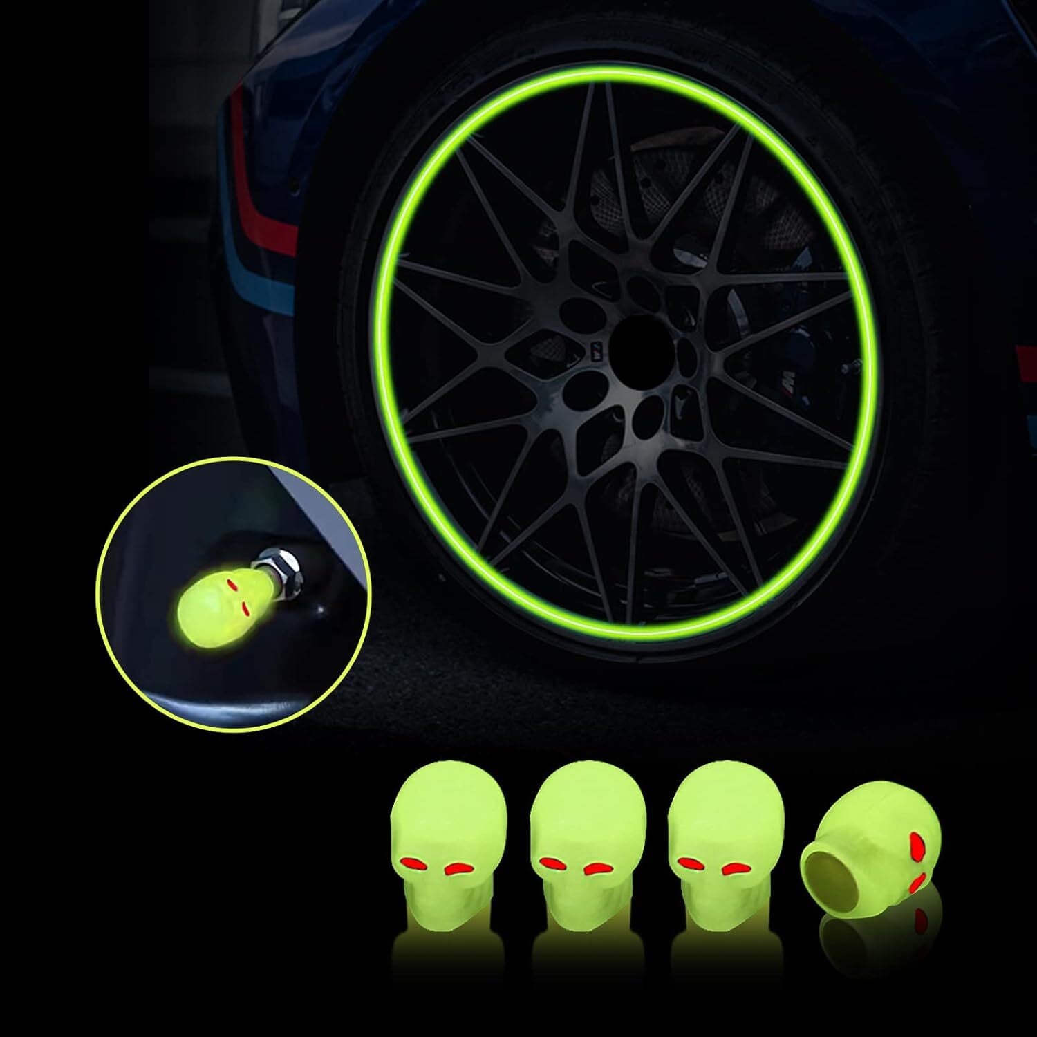4Pcs Skull Wheel Tire Caps Air Valve Stem Cover Universal Luminous Yellow Q