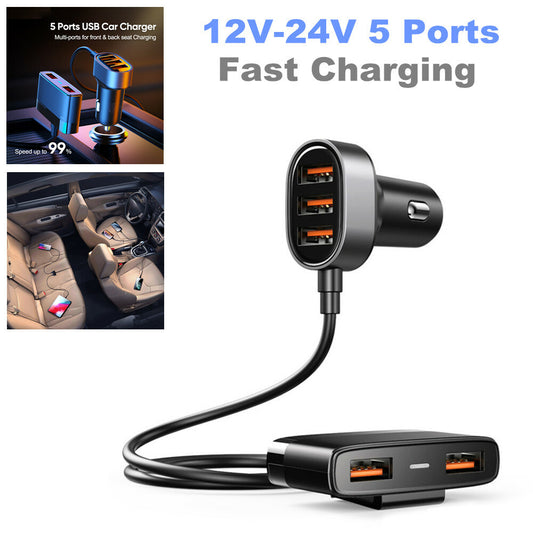 1-in-5 Car Phone Fast Charging Adapter with 5 Ports USB Charger Suitable for Universal 12V-24V n