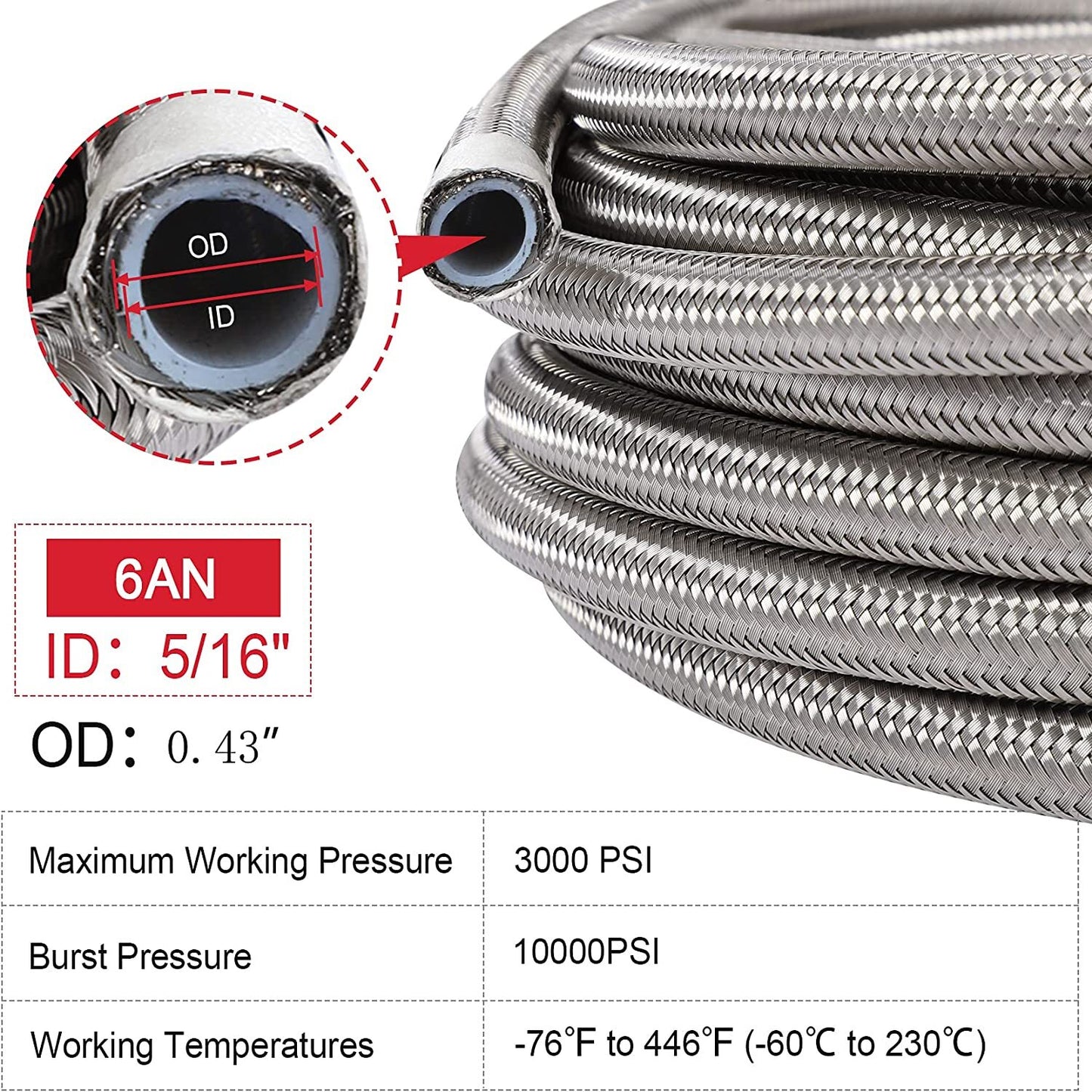6AN PTFE Fuel Line Kit E85 20ft Braided Nylon Fuel Hose 3/8 inch AN6 Fuel Line e85
