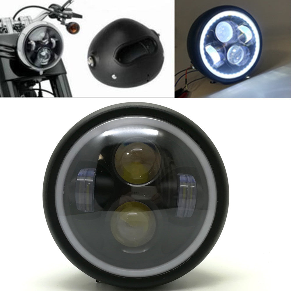 Black Metal White Angel Eye LED Headlight for Harley Bobber Custom GN125 CG125 Q
