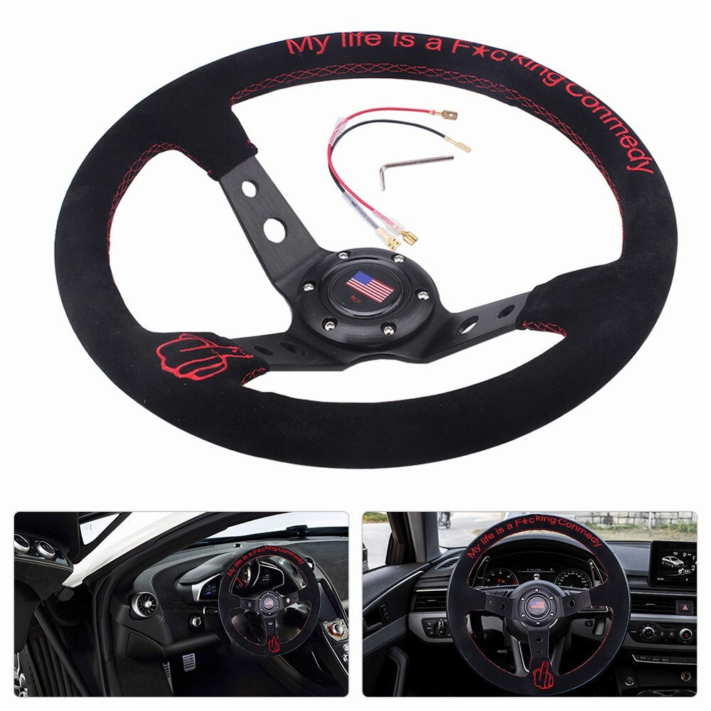 350mm/14 Suede Leather Grip Steering Wheel Hand 9.5cm Dish for Racing
