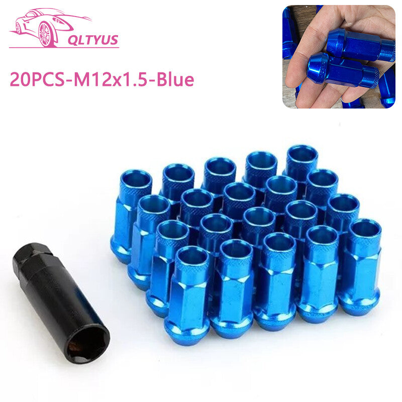 20PC 48mm M12x1.5 Lug Nuts Steel Open End Wheel Nuts Bolts w/ Socket Key Blue