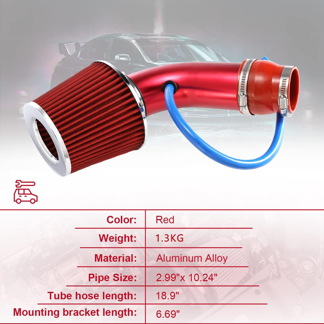 3 Car Cold Air Intake Filter Induction Pipe Kit Power Flow Tube Hose System Red